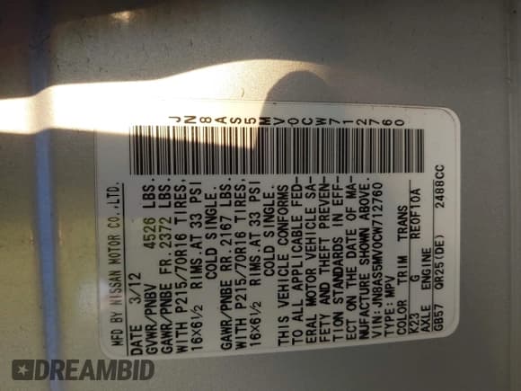 ✅ 2012 Nissan Rogue SL • VIN: JN8AS5MV0CW712760 • Lot: 43778587. Listed on IAAI with 119,154 mi. Free auction sales archive from the USA and detailed vehicle history report at DreamBid. Image 9.