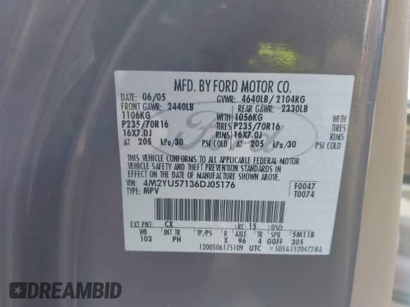 2006 Mercury Mariner Luxury с VIN 4M2YU57136DJ05176, выставлен на аукционе IAAI как лот 41499648 с пробегом 152 185 миль миль и . История ставок и продаж доступна на DreamBid. Изображение 9.