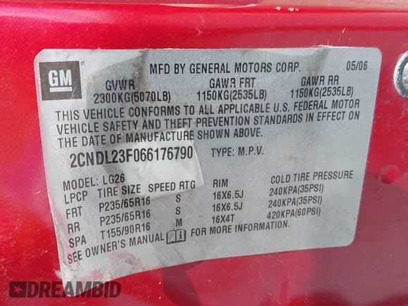 ✅ 2006 Chevrolet Equinox LS • VIN: 2CNDL23F066176790 • Лот: 42265083. Опубликован ранее на IAAI с пробегом 214 518 миль. Бесплатный доступ к архиву аукционных продаж из США и подробный отчёт об истории автомобиля на DreamBid. Изображение 9.