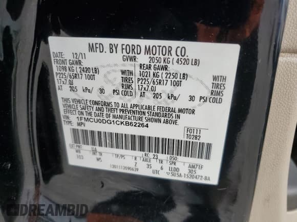 ✅ 2012 Ford Escape XLT • VIN: 1FMCU0DG1CKB62264 • Lot: 81343845. Listed on Copart with 133,219 mi. Free auction sales archive from the USA and detailed vehicle history report at DreamBid. Image 13.