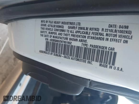 ✅ 1998 Subaru Legacy Outback • VIN: 4S3BG685XW7651952 • Lot: 43065460. Listed on IAAI with 282,760 mi. Free auction sales archive from the USA and detailed vehicle history report at DreamBid. Image 9.