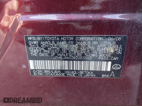 ✅ 2008 Lexus ES 330 • VIN: JTHBJ46G682163204 • Lot: 43789132. Listed on IAAI with 271,527 mi. Free auction sales archive from the USA and detailed vehicle history report at DreamBid. Image 9.