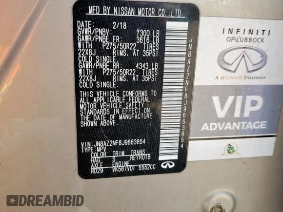 ✅ 2018 Infiniti QX80 • VIN: JN8AZ2NF8J9663854 • Lot: 72052175. Listed on Copart with 124,816 mi. Free auction sales archive from the USA and detailed vehicle history report at DreamBid. Image 13.