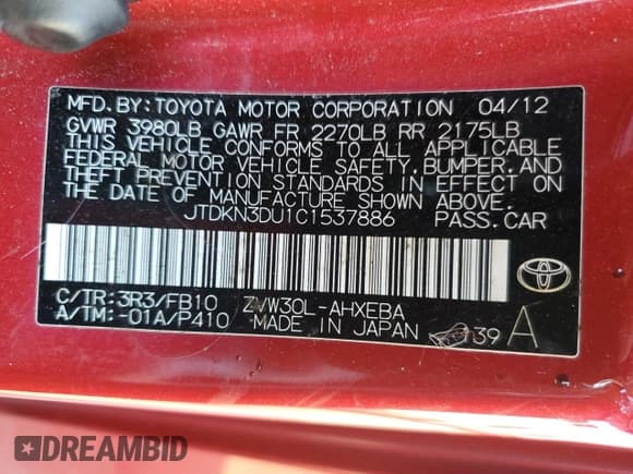 ✅ 2012 Toyota Prius One • VIN: JTDKN3DU1C1537886 • Lot: 89519745. Listed on Copart with 103,856 mi. Free auction sales archive from the USA and detailed vehicle history report at DreamBid. Image 12.