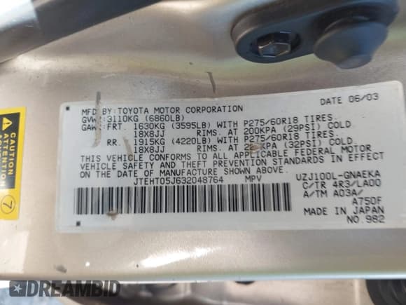 ✅ 2003 Toyota Land Cruiser • VIN: JTEHT05J632048764 • Лот: 42279192. Опубликован ранее на IAAI с пробегом 303 680 миль. Бесплатный доступ к архиву аукционных продаж из США и подробный отчёт об истории автомобиля на DreamBid. Изображение 9.