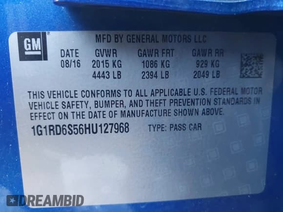 ✅ 2017 Chevrolet Volt Premier • VIN: 1G1RD6S56HU127968 • Lot: 43539805. Listed on IAAI with Not provided. Free auction sales archive from the USA and detailed vehicle history report at DreamBid. Image 9.