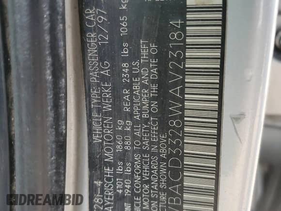 1998 BMW 3 Series z VIN WBACD3328WAV23184, wystawiony jako Copart lot #58570555 z przebiegiem 181 087 mil mil oraz Szkoda całkowita • Salvage title. Historia ofert i sprzedaży dostępna na DreamBid. Obrazek 13.