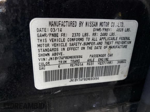 ✅ 2014 Infiniti Q50 Premium • VIN: JN1BV7AP8EM690694 • Lot: 86102605. Listed on Copart with 231,668 mi. Free auction sales archive from the USA and detailed vehicle history report at DreamBid. Image 13.