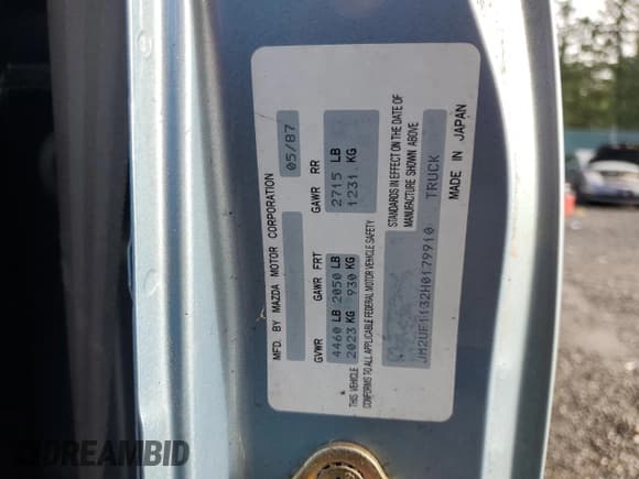 ✅ 1987 Mazda B-Series • VIN: JM2UF1132H0179910 • Lot: 87107884. Listed on Copart with 233,121 mi. Free auction sales archive from the USA and detailed vehicle history report at DreamBid. Image 12.