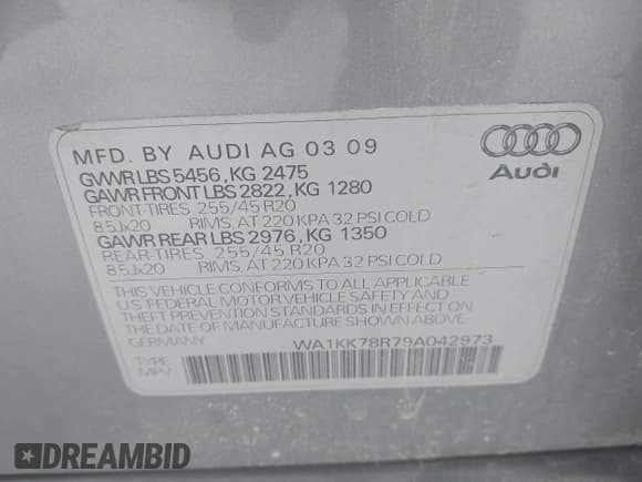 ✅ 2009 Audi Q5 Premium Plus • VIN: WA1KK78R79A042973 • Lot: 39198334. Listed on IAAI with 204,864 mi. Free auction sales archive from the USA and detailed vehicle history report at DreamBid. Image 9.