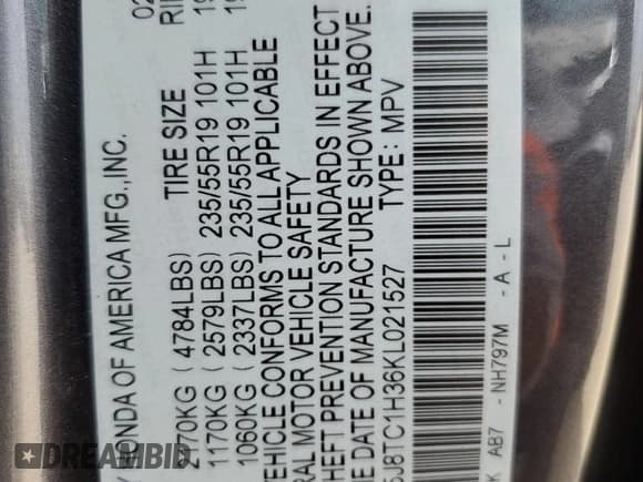 ✅ 2019 Acura RDX • VIN: 5J8TC1H36KL021527 • Лот: 82750985. Опубликован ранее на Copart с пробегом 32 716 миль. Бесплатный доступ к архиву аукционных продаж из США и подробный отчёт об истории автомобиля на DreamBid. Изображение 13.