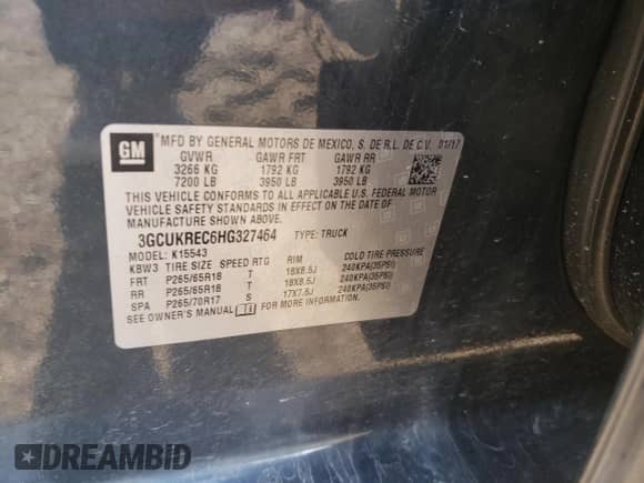 2017 Chevrolet Silverado 1500 LT with VIN 3GCUKREC6HG327464, listed as a Copart auction lot 68323465 with 152,852 mi miles and Salvage title. Bid and sale history available at DreamBid. Image 12.