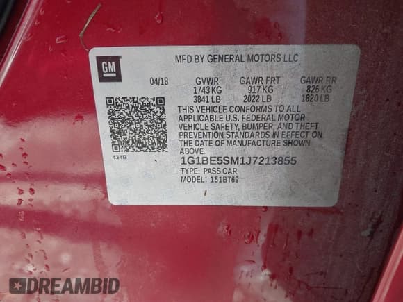 ✅ 2018 Chevrolet Cruze LT • VIN: 1G1BE5SM1J7213855 • Lot: 40998816. Listed on IAAI with 84,328 mi. Free auction sales archive from the USA and detailed vehicle history report at DreamBid. Image 9.