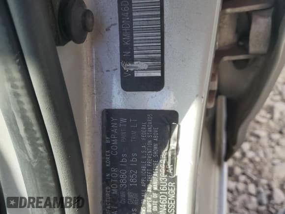 2006 Hyundai Elantra GLS z VIN KMHDN46D16U365627, wystawiony jako Copart lot #72944324 z przebiegiem 154 943 mil mil oraz Szkoda całkowita • Salvage title. Historia ofert i sprzedaży dostępna na DreamBid. Obrazek 12.