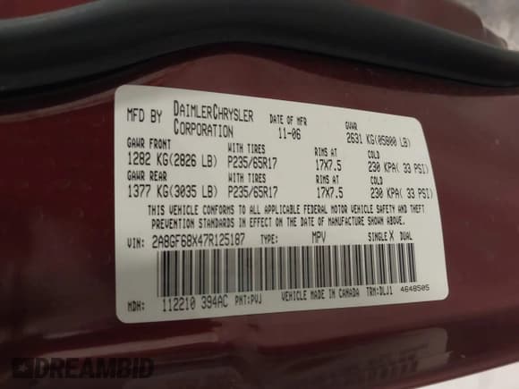 ✅ 2007 Chrysler Pacifica Touring • VIN: 2A8GF68X47R125187 • Lot: 42051124. Listed on IAAI with 125,156 mi. Free auction sales archive from the USA and detailed vehicle history report at DreamBid. Image 9.