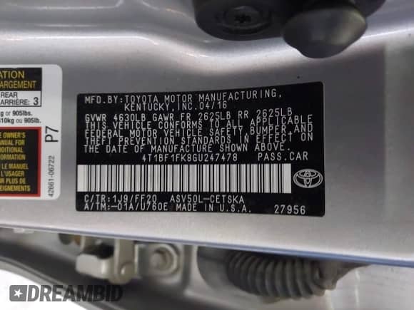 2016 Toyota Camry SE with VIN 4T1BF1FK8GU247478, listed as a IAAI auction lot 43157552 with 102,707 mi miles and . Bid and sale history available at DreamBid. Image 9.