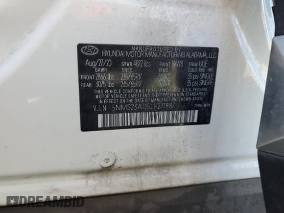 ✅ 2020 Hyundai Santa Fe SE • VIN: 5NMS23AD5LH271887 • Lot: 82217355. Wystawiony na Copart z przebiegiem 82 108 mil. Bezpłatny archiwum sprzedaży aukcyjnych z USA i szczegółowy raport historii pojazdu na DreamBid. Zdjęcie 12.