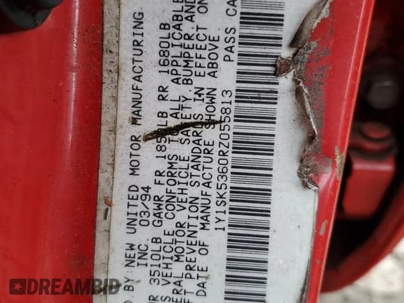 ✅ 1994 Geo Prizm • VIN: 1Y1SK5360RZ055813 • Lot: 76581844. Listed on Copart with 119,234 mi. Free auction sales archive from the USA and detailed vehicle history report at DreamBid. Image 12.