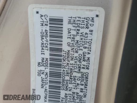 ✅ 1995 Toyota Camry LE • VIN: JT2GK12E4S0086805 • Lot: 45793885. Wystawiony na Copart z przebiegiem 138 015 mil. Bezpłatny archiwum sprzedaży aukcyjnych z USA i szczegółowy raport historii pojazdu na DreamBid. Zdjęcie 12.