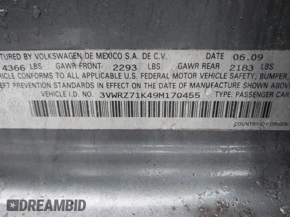 ✅ 2009 Volkswagen Jetta SE • VIN: 3VWRZ71K49M170455 • Lot: 42270680. Listed on IAAI with 145,955 mi. Free auction sales archive from the USA and detailed vehicle history report at DreamBid. Image 9.