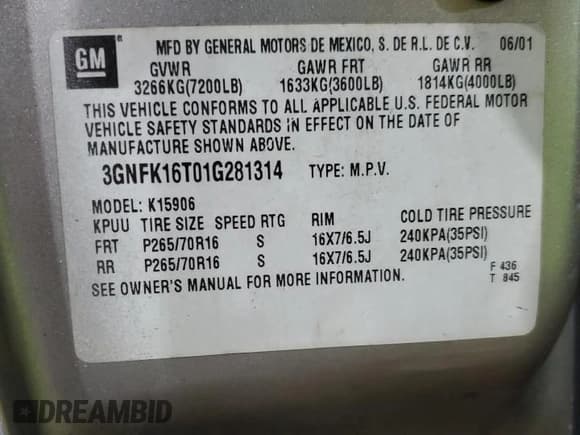 ✅ 2001 Chevrolet Suburban LT • VIN: 3GNFK16T01G281314 • Лот: 44684995. Опубликован ранее на Copart с пробегом Не указан. Бесплатный доступ к архиву аукционных продаж из США и подробный отчёт об истории автомобиля на DreamBid. Изображение 13.