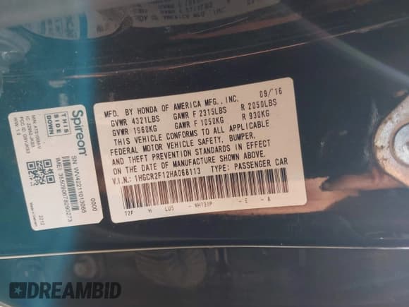 ✅ 2017 Honda Accord Sport SE • VIN: 1HGCR2F12HA068113 • Lot: 43380134. Listed on IAAI with 156,902 mi. Free auction sales archive from the USA and detailed vehicle history report at DreamBid. Image 9.