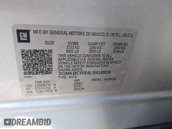 ✅ 2020 Chevrolet Blazer LT • VIN: 3GNKBCRS4LS618919 • Lot: 42060041. Listed on IAAI with 60,098 mi. Free auction sales archive from the USA and detailed vehicle history report at DreamBid. Image 9.