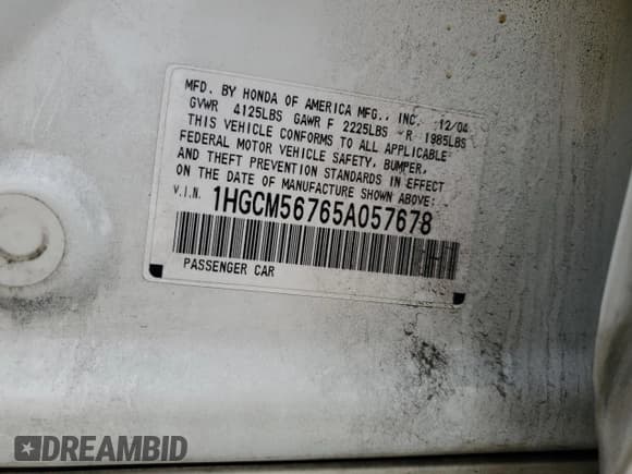 ✅ 2005 Honda Accord EX • VIN: 1HGCM56765A057678 • Lot: 85418135. Listed on Copart with 166,383 mi. Free auction sales archive from the USA and detailed vehicle history report at DreamBid. Image 12.