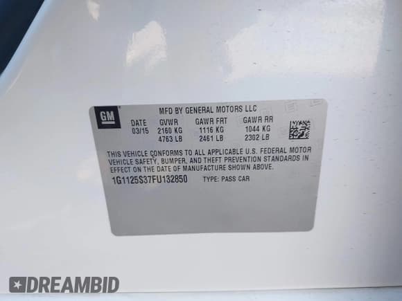 ✅ 2015 Chevrolet Impala LT • VIN: 1G1125S37FU132850 • Lot: 42846679. Listed on IAAI with 54,560 mi. Free auction sales archive from the USA and detailed vehicle history report at DreamBid. Image 9.