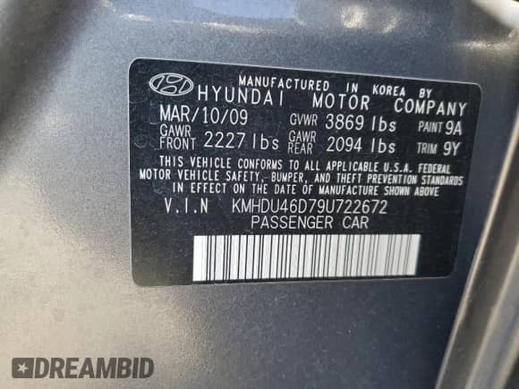 2009 Hyundai Elantra GLS z VIN KMHDU46D79U722672, wystawiony jako Copart lot #71370544 z przebiegiem 145 386 mil mil oraz Szkoda całkowita • Salvage title. Historia ofert i sprzedaży dostępna na DreamBid. Obrazek 12.