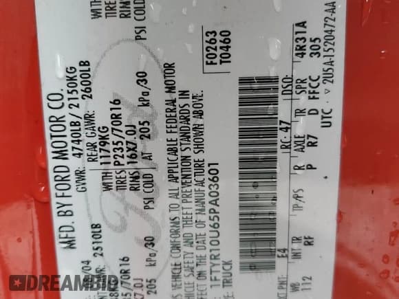 ✅ 2005 Ford Ranger XL • VIN: 1FTYR10U65PA03601 • Lot: 85190555. Listed on Copart with 195,524 mi. Free auction sales archive from the USA and detailed vehicle history report at DreamBid. Image 12.