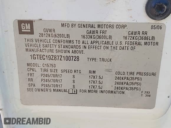 2007 GMC Sierra 1500 SLE1 with VIN 1GTEC19Z87Z100728, listed as a IAAI auction lot 42611082 with 174,212 mi miles and . Bid and sale history available at DreamBid. Image 9.