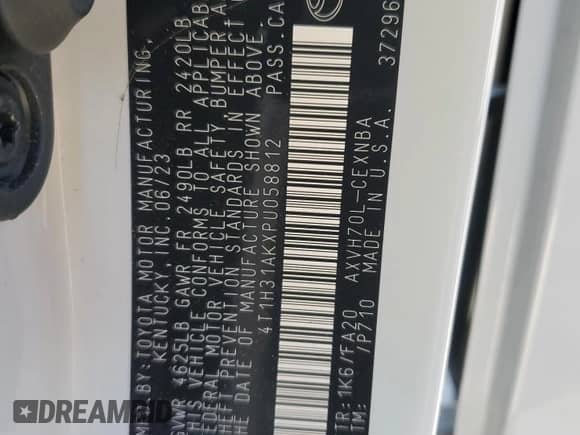 2023 Toyota Camry Hybrid LE with VIN 4T1H31AKXPU058812, listed as a Copart auction lot 85179135 with 21,816 mi miles and Salvage title. Bid and sale history available at DreamBid. Image 13.