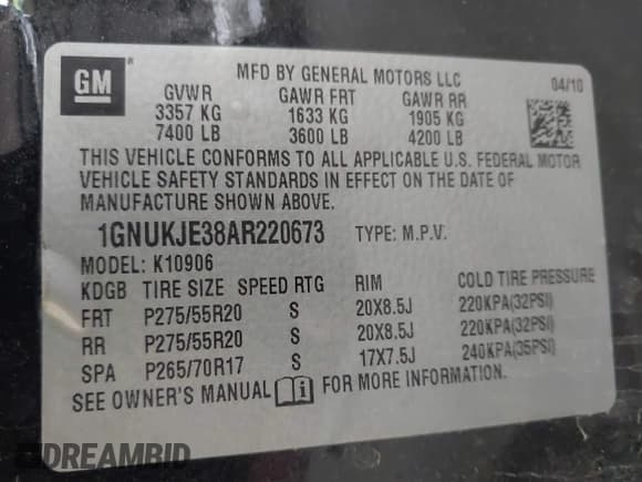 ✅ 2010 Chevrolet Suburban LT • VIN: 1GNUKJE38AR220673 • Lot: 42626250. Listed on IAAI with 239,771 mi. Free auction sales archive from the USA and detailed vehicle history report at DreamBid. Image 9.
