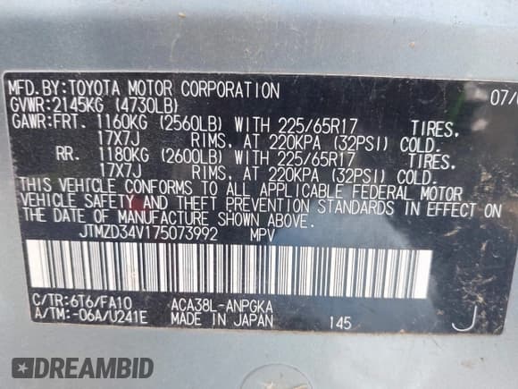 ✅ 2007 Toyota RAV4 Limited • VIN: JTMZD34V175073992 • Lot: 43223497. Listed on IAAI with 186,234 mi. Free auction sales archive from the USA and detailed vehicle history report at DreamBid. Image 9.