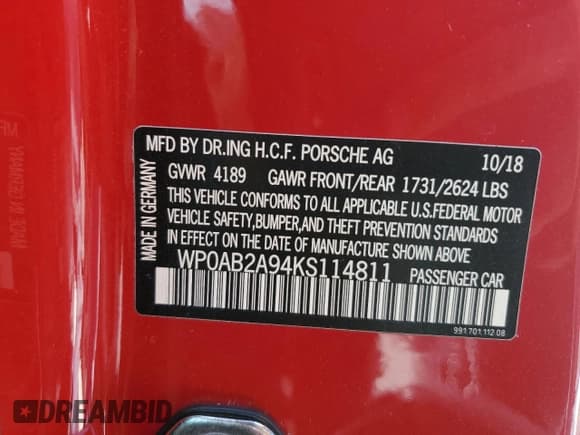 ✅ 2019 Porsche 911 Carrera S • VIN: WP0AB2A94KS114811 • Лот: 74474424. Опубликован ранее на Copart с пробегом Не указан. Бесплатный доступ к архиву аукционных продаж из США и подробный отчёт об истории автомобиля на DreamBid. Изображение 13.