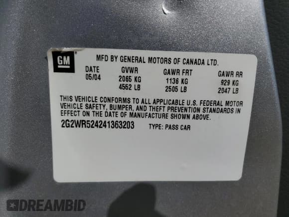 ✅ 2004 Pontiac Grand Prix GTP • VIN: 2G2WR524241363203 • Lot: 68734645. Listed on Copart with 219,131 mi. Free auction sales archive from the USA and detailed vehicle history report at DreamBid. Image 12.