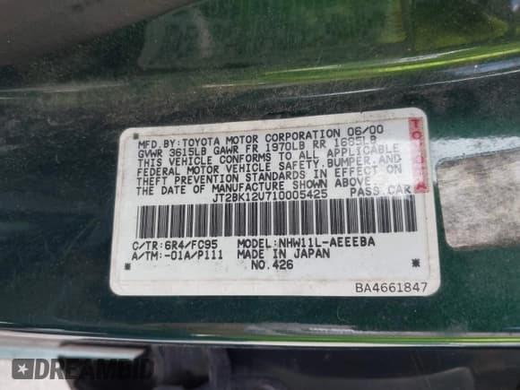 ✅ 2001 Toyota Prius • VIN: JT2BK12U710005425 • Lot: 42563400. Listed on IAAI with 149,208 mi. Free auction sales archive from the USA and detailed vehicle history report at DreamBid. Image 9.