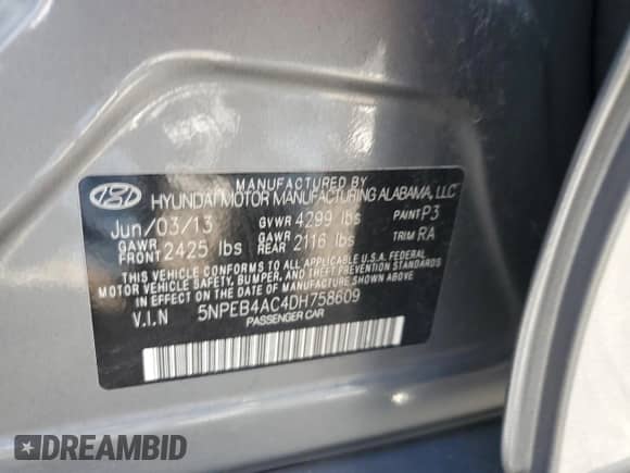 2013 Hyundai Sonata GLS z VIN 5NPEB4AC4DH758609, wystawiony jako Copart lot #71248485 z przebiegiem Nie podano mil oraz Szkoda całkowita • Salvage title. Historia ofert i sprzedaży dostępna na DreamBid. Obrazek 12.