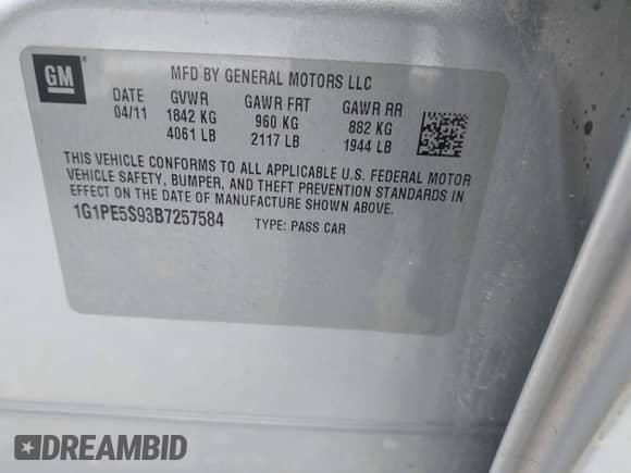 2011 Chevrolet Cruze 1FL с VIN 1G1PE5S93B7257584, выставлен на аукционе IAAI как лот 43474383 с пробегом 185 824 миль миль и . История ставок и продаж доступна на DreamBid. Изображение 9.