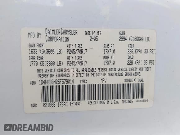 ✅ 2005 Dodge Durango SXT • VIN: 1D4HB38N25F579014 • Лот: 43543456. Опубликован ранее на IAAI с пробегом 123 630 миль. Бесплатный доступ к архиву аукционных продаж из США и подробный отчёт об истории автомобиля на DreamBid. Изображение 9.