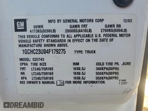 ✅ 2004 Chevrolet Silverado 2500HD Work Truck • VIN: 1GCHC23U04F179275 • Лот: 95805925. Опубликован ранее на Copart с пробегом 260 462 миль. Бесплатный доступ к архиву аукционных продаж из США и подробный отчёт об истории автомобиля на DreamBid. Изображение 12.