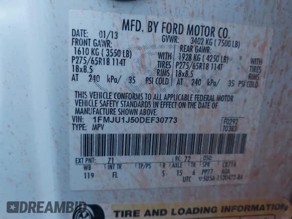 ✅ 2013 Ford Expedition XLT • VIN: 1FMJU1J50DEF30773 • Lot: 40969982. Listed on IAAI with 230,371 mi. Free auction sales archive from the USA and detailed vehicle history report at DreamBid. Image 9.