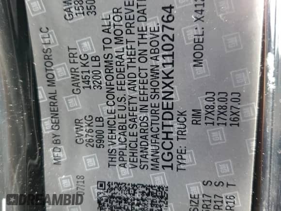 2019 Chevrolet Colorado 4WD Z71 с VIN 1GCHTDENXK1102764, выставлен на аукционе Copart как лот 69728755 с пробегом 53 658 миль миль и Списание • Salvage title. История ставок и продаж доступна на DreamBid. Изображение 12.