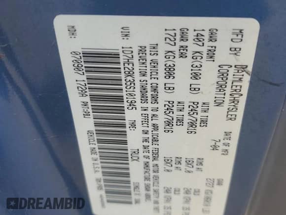 2005 Dodge Dakota ST с VIN 1D7HE28K35S101945, выставлен на аукционе Copart как лот 71241535 с пробегом 210 609 миль миль и Списание • Salvage title. История ставок и продаж доступна на DreamBid. Изображение 12.