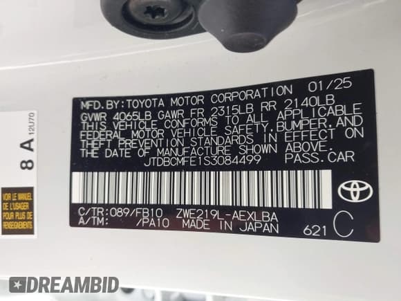 ✅ 2025 Toyota Corolla Hybrid SE • VIN: JTDBCMFE1S3084499 • Lot: 43428605. Listed on IAAI with 6,054 mi. Free auction sales archive from the USA and detailed vehicle history report at DreamBid. Image 9.