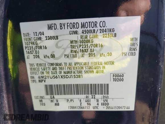 2005 Mercury Mariner Luxury z VIN 4M2YU561X5DJ15381, wystawiony jako IAAI lot #41295590 z przebiegiem 215 077 mil mil oraz . Historia ofert i sprzedaży dostępna na DreamBid. Obrazek 9.