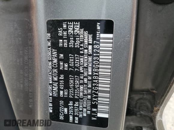 ✅ 2011 Hyundai Santa Fe GLS • VIN: 5XYZG3ABXBG031287 • Lot: 76986224. Listed on Copart with 200,398 mi. Free auction sales archive from the USA and detailed vehicle history report at DreamBid. Image 12.