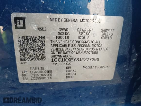 ✅ 2018 Chevrolet Silverado 2500HD High Country • VIN: 1GC1KXEY8JF277290 • Lot: 43465114. Listed on IAAI with 159,038 mi. Free auction sales archive from the USA and detailed vehicle history report at DreamBid. Image 9.