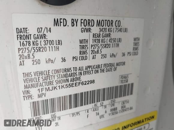 ✅ 2014 Ford Expedition Max Limited • VIN: 1FMJK1K55EEF62298 • Лот: 41576337. Опубликован ранее на IAAI с пробегом 141 593 миль. Бесплатный доступ к архиву аукционных продаж из США и подробный отчёт об истории автомобиля на DreamBid. Изображение 9.